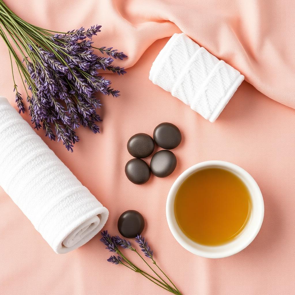 Spa flatlay with lavender, warm towels and massage oil